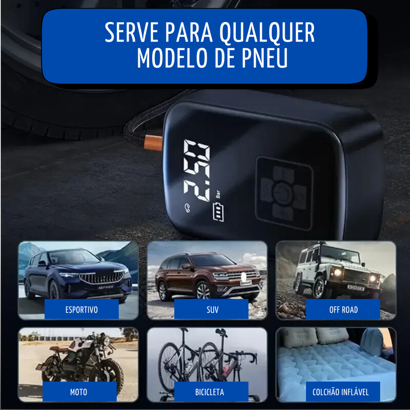 Compressor de Ar Sem Fio Portátil - Infle com Facilidade Pneus de Carro, Moto, Bicicleta, Bolas e muito mais.