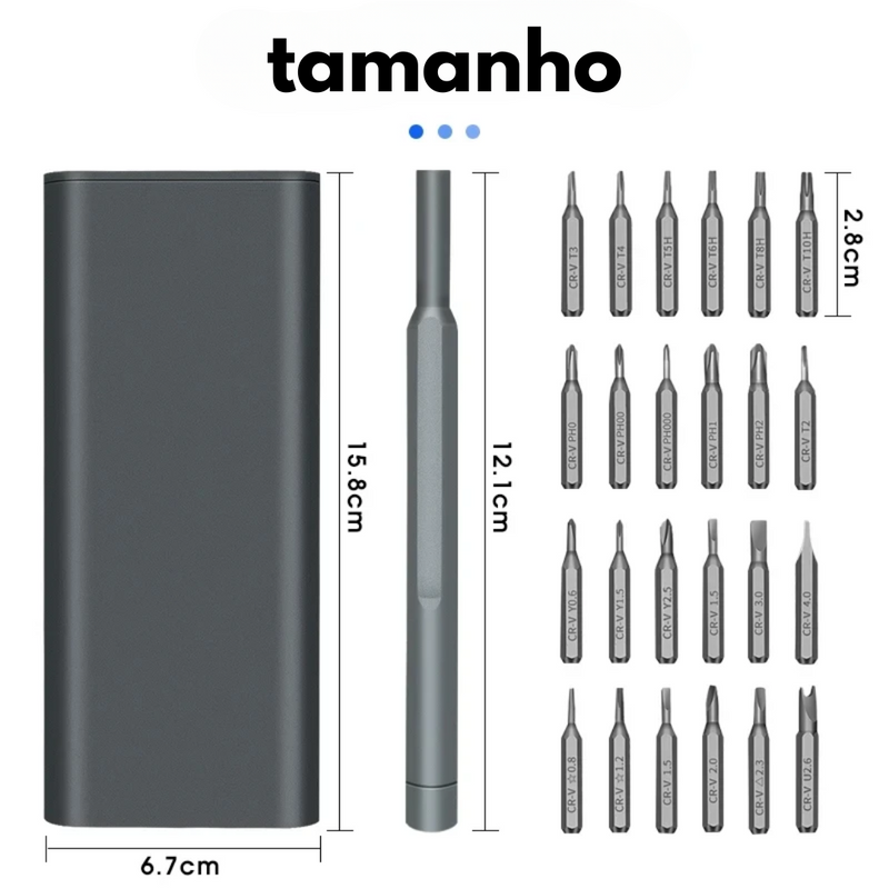 Kit Chave de Fenda de Precisão 25 em 1 - Conjunto Magnético com 24 Pontas Torx para Reparos em iPhone, PC, Câmeras e Muito Mais