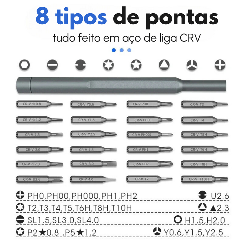 Kit Chave de Fenda de Precisão 25 em 1 - Conjunto Magnético com 24 Pontas Torx para Reparos em iPhone, PC, Câmeras e Muito Mais